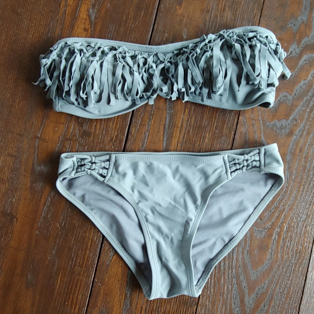 Apollo gray strapless fringe bikini